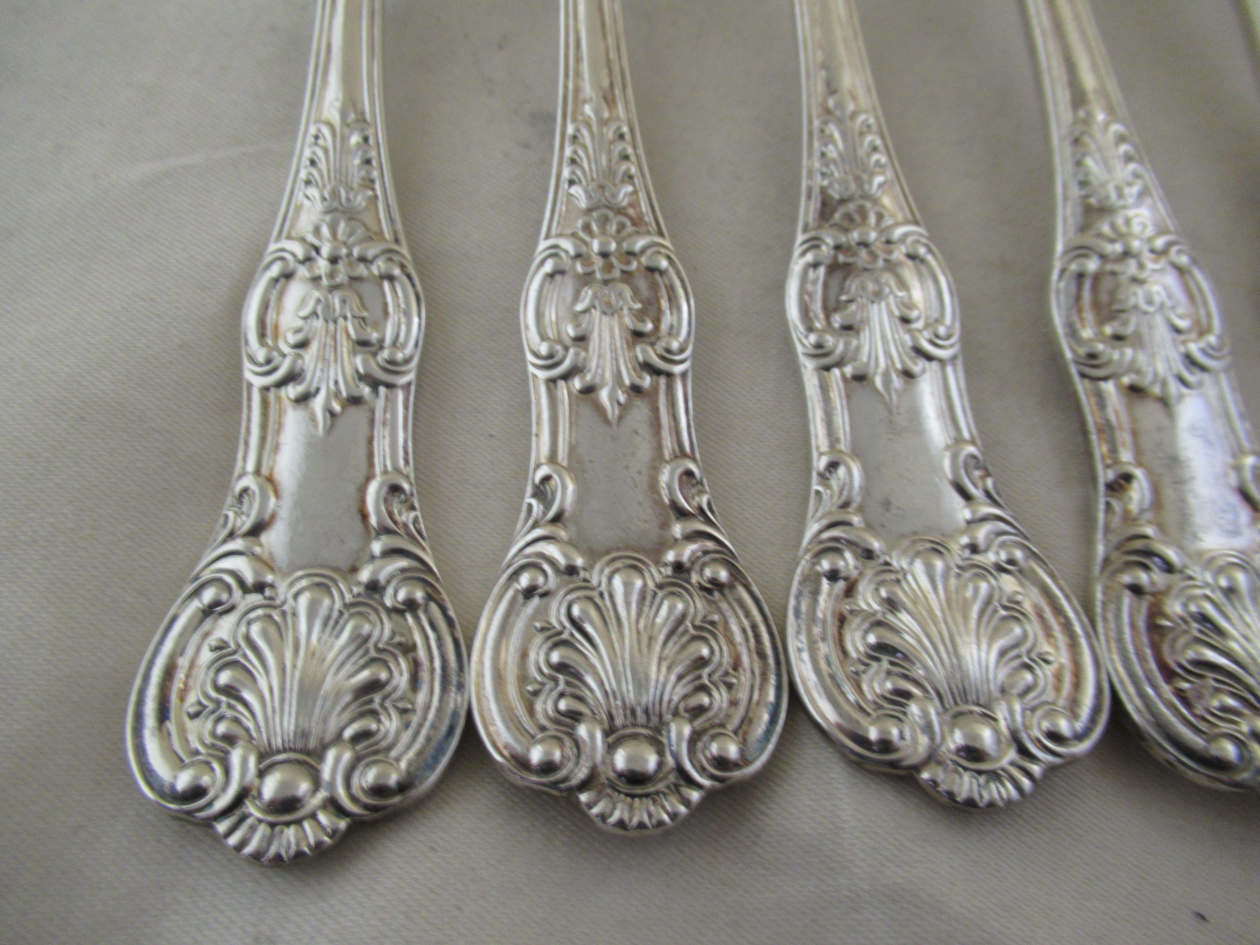 Sterling silver set of 6 kings pattern table forks
All 6 pieces are stamped with a full English hallmark,
 applied by the Sheffield Assay Office:-
 Lower case m - Date letter for Sheffield 1904
 Lion - Sterling silver quality guarantee 
 Crown