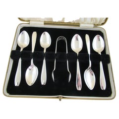 Vintage Sterling Silver Set of 6 Modern Pattern Spoons +Tongs Hallmarked:-Sheffield 1934