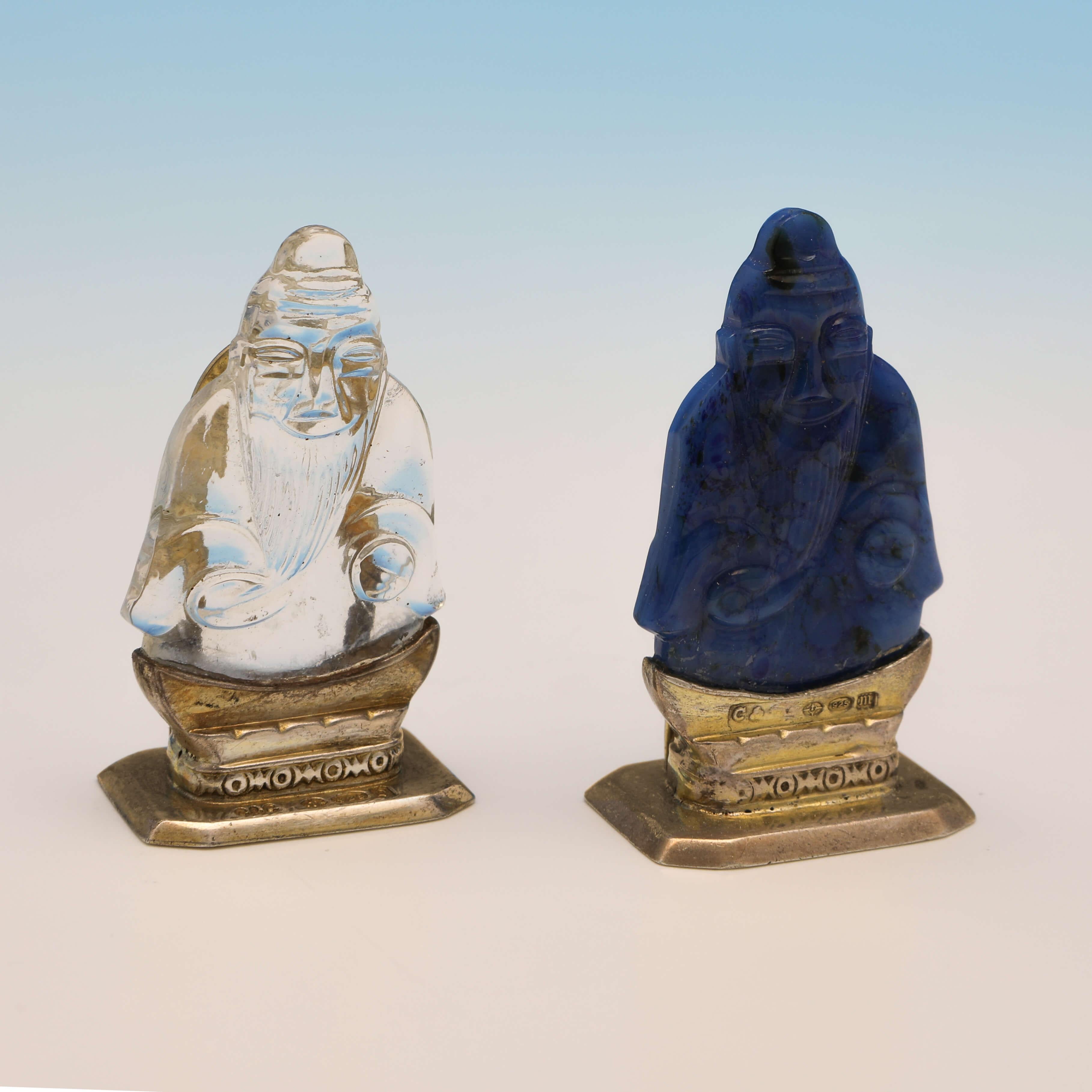 English Carved Stone Set of Sterling Silver 'Buddha' Menu Holders, Cohen & Charles, 1929 For Sale