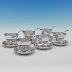 Art Deco Sterling Silver Set of Grapefruit Bowls & Spoons, Walker & Hall 1927