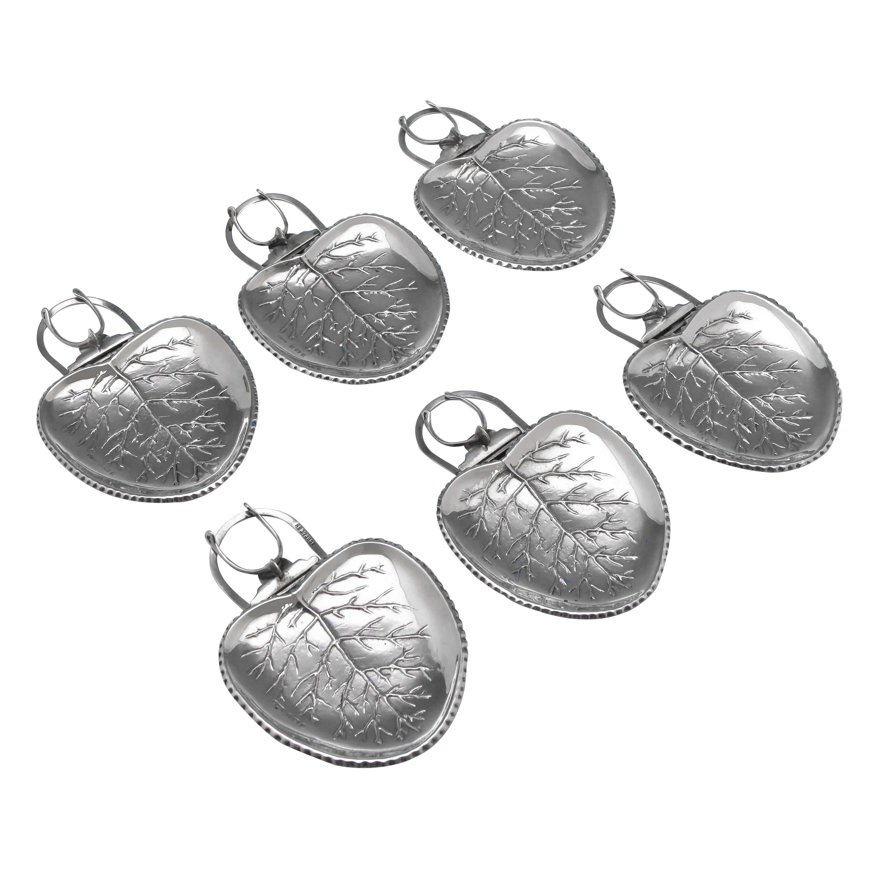 Juego de seis placas con clip de plata de ley antigua "Hoja" naturalista de 1903