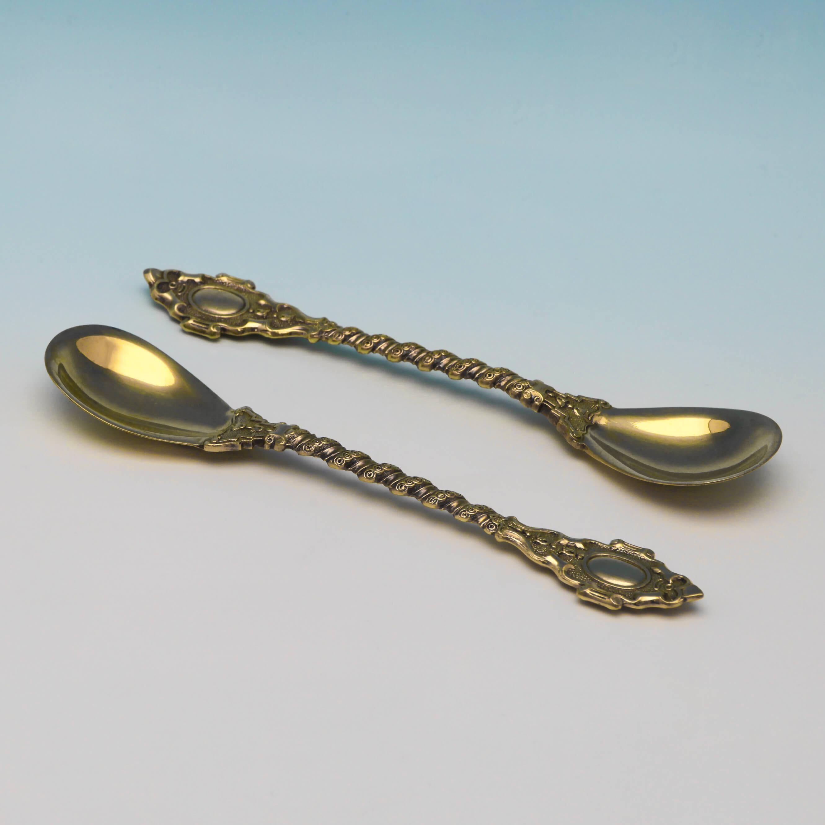 English Antique Victorian Gilt Sterling Silver Set Of Spoons by Francis Higgins, 1868