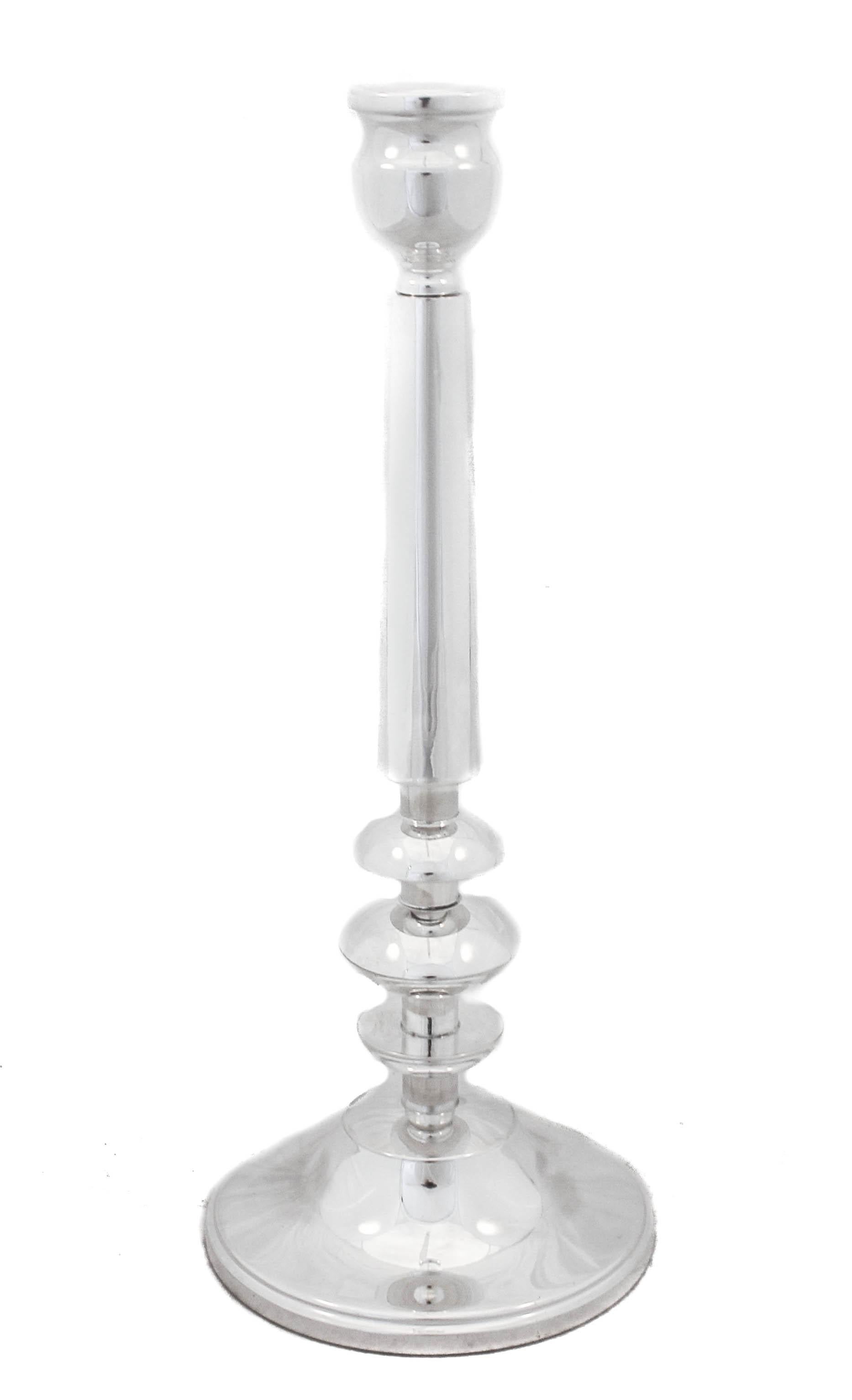 We are thrilled to offer you this pair of sterling silver (Shabbat) candlesticks. They are uber-modern; no etching or decoration. Contemporary and sleek these sterling silver candlesticks are sure to grace your home! They are not weighted.