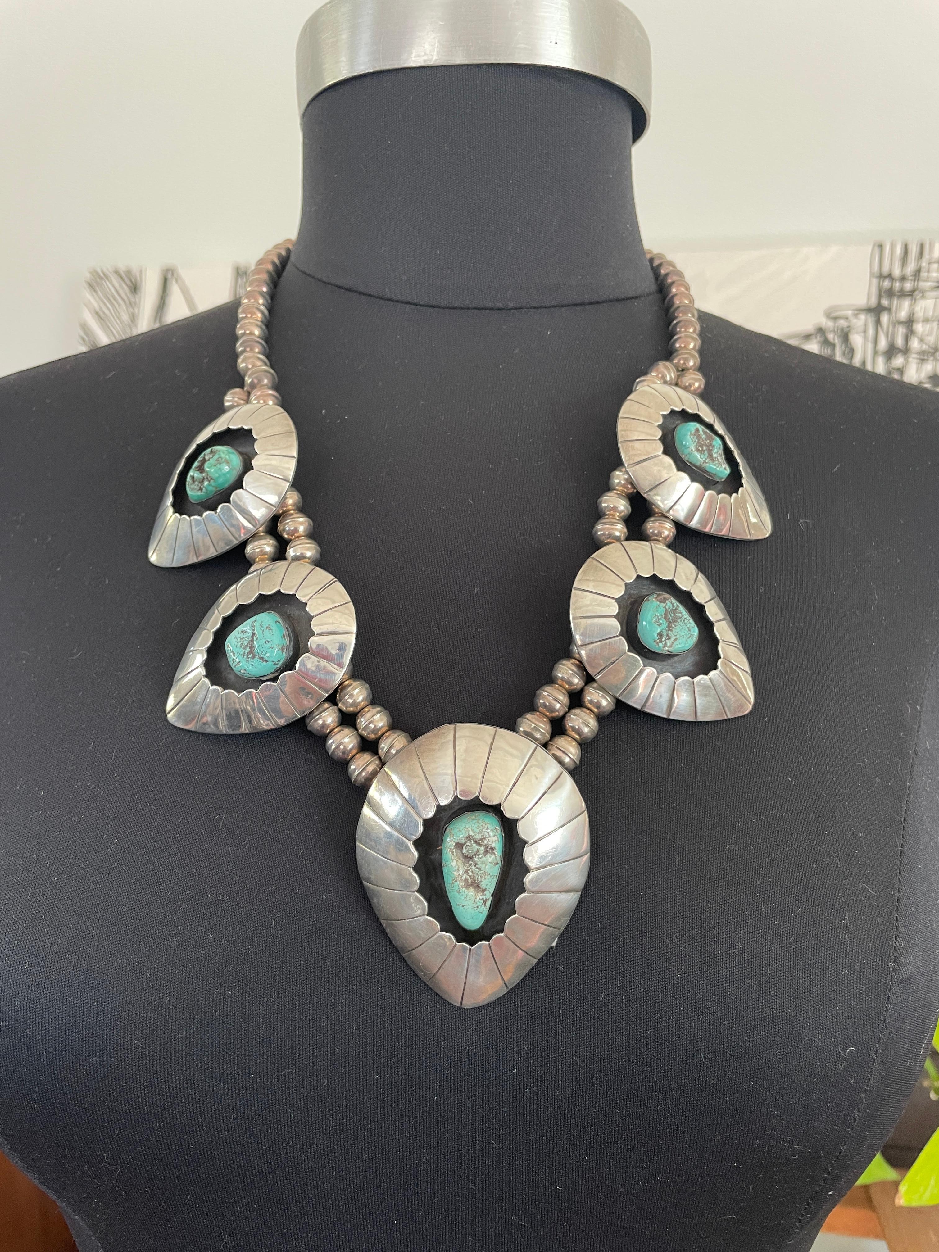 Women's or Men's Sterling Silver Necklace Shadow Box Squash Turquoise Matrix Navajo