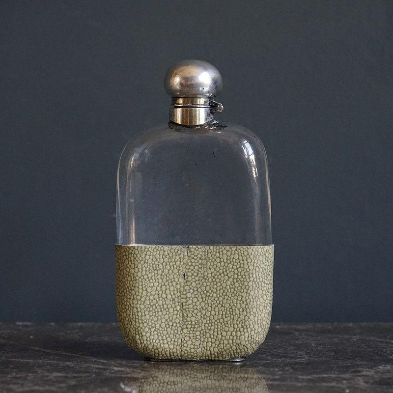 Antique Sterling Silver, Shagreen and Glass George V Hip Flask Chester 1919 4