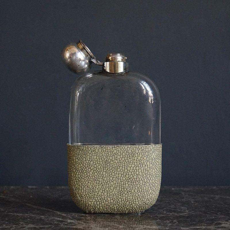 Early 20th Century Antique Sterling Silver, Shagreen and Glass George V Hip Flask Chester 1919