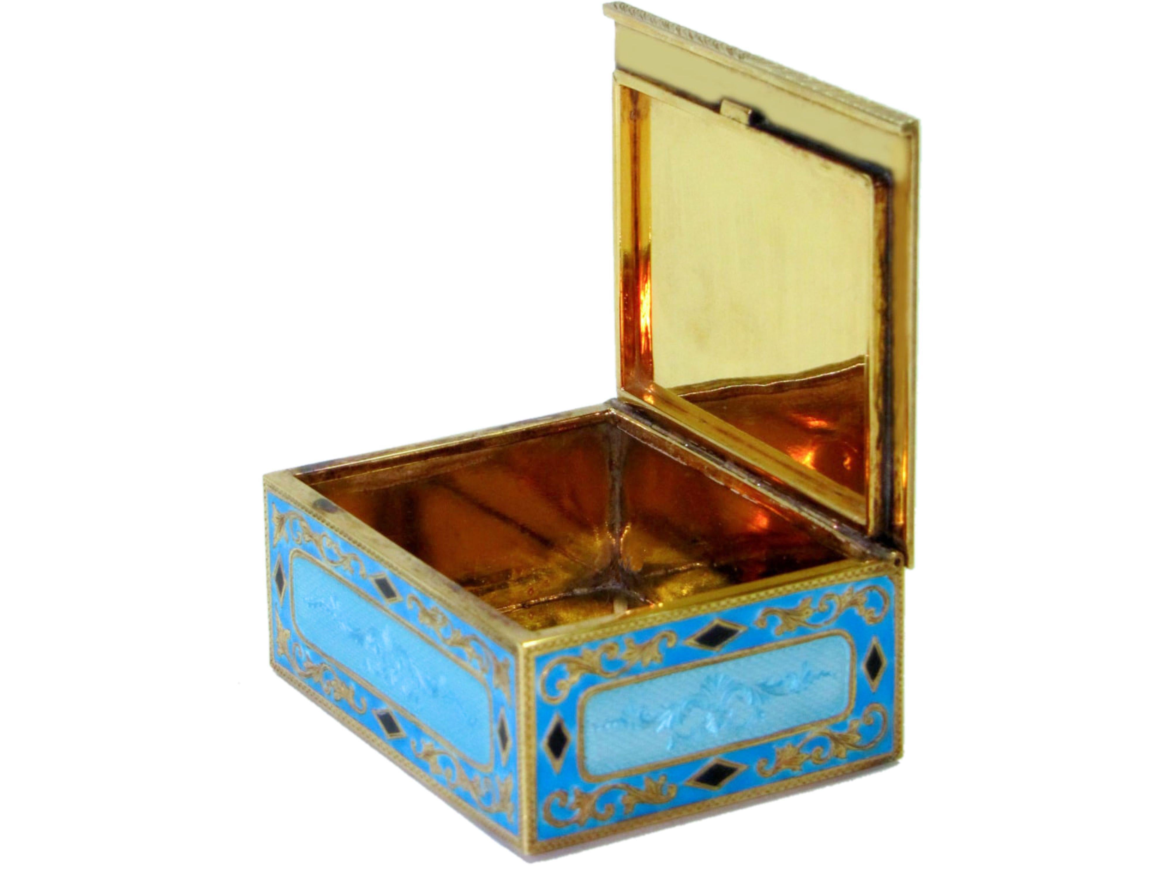 Gold Sterling Silver Shaped Snuff Box in Engraved by Hand with Fire Enamel 3 Colors