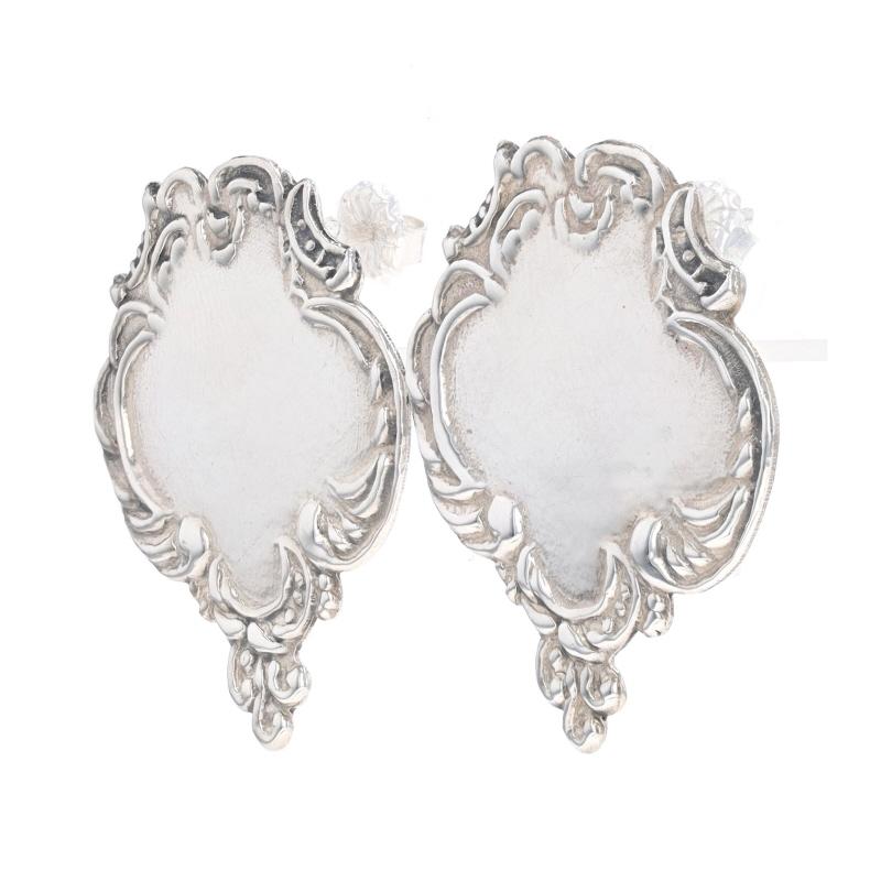 Sterling Silver Shield Drop Earrings - 925 Floral Scroll Pierced In Good Condition For Sale In Greensboro, NC