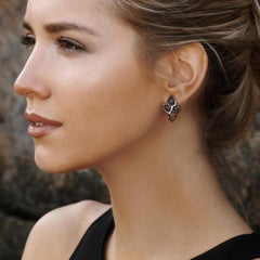 Sterling Silver Shield Earrings w/ Rose Cut Smokey Quartz Pear Shapes + Diamonds