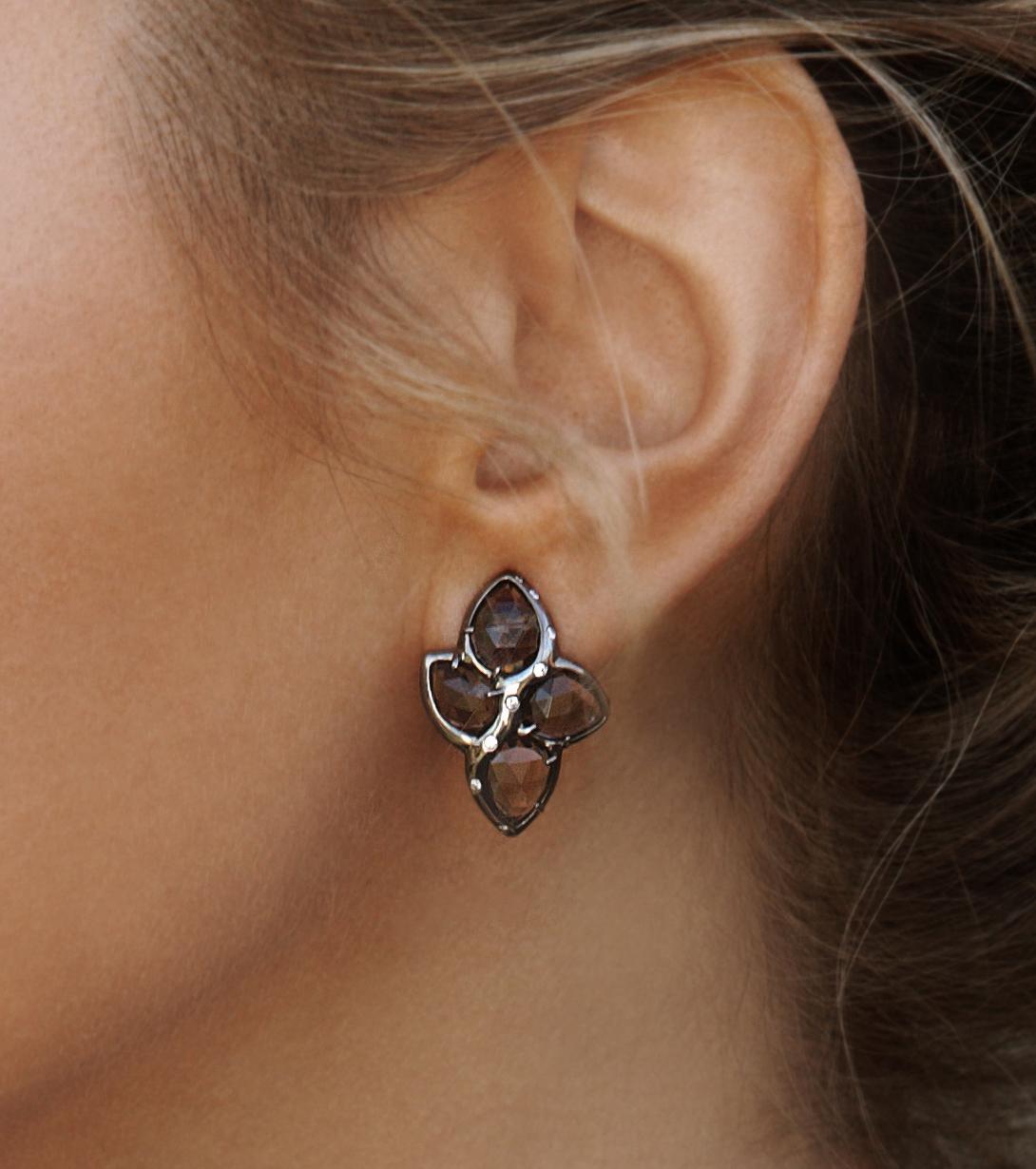 Sterling Silver Shield Earrings w/ Rose Cut Smokey Quartz Pear Shapes + Diamonds In New Condition For Sale In Weehawken, NJ