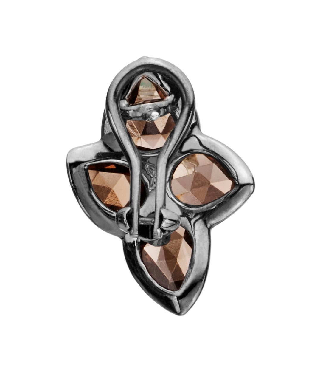 Women's Sterling Silver Shield Earrings w/ Rose Cut Smokey Quartz Pear Shapes + Diamonds For Sale