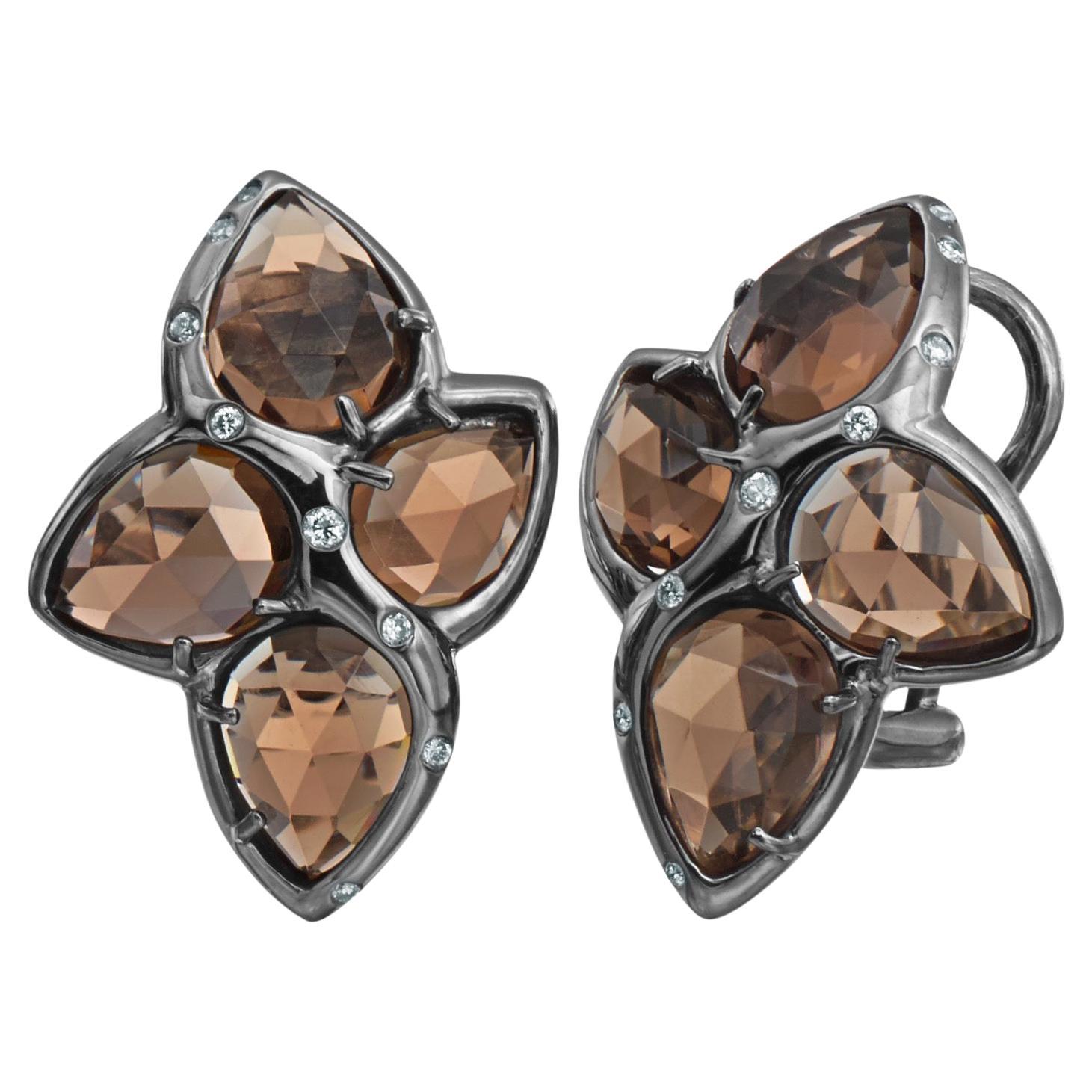 Sterling Silver Shield Earrings w/ Rose Cut Smokey Quartz Pear Shapes + Diamonds For Sale