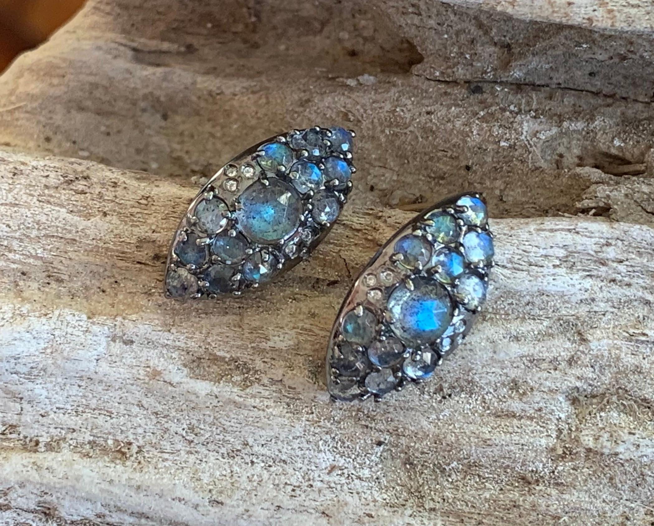 Sterling Silver Shield Stud Earrings W/ Rose Cut Labradorite and Diamond Accents For Sale 1