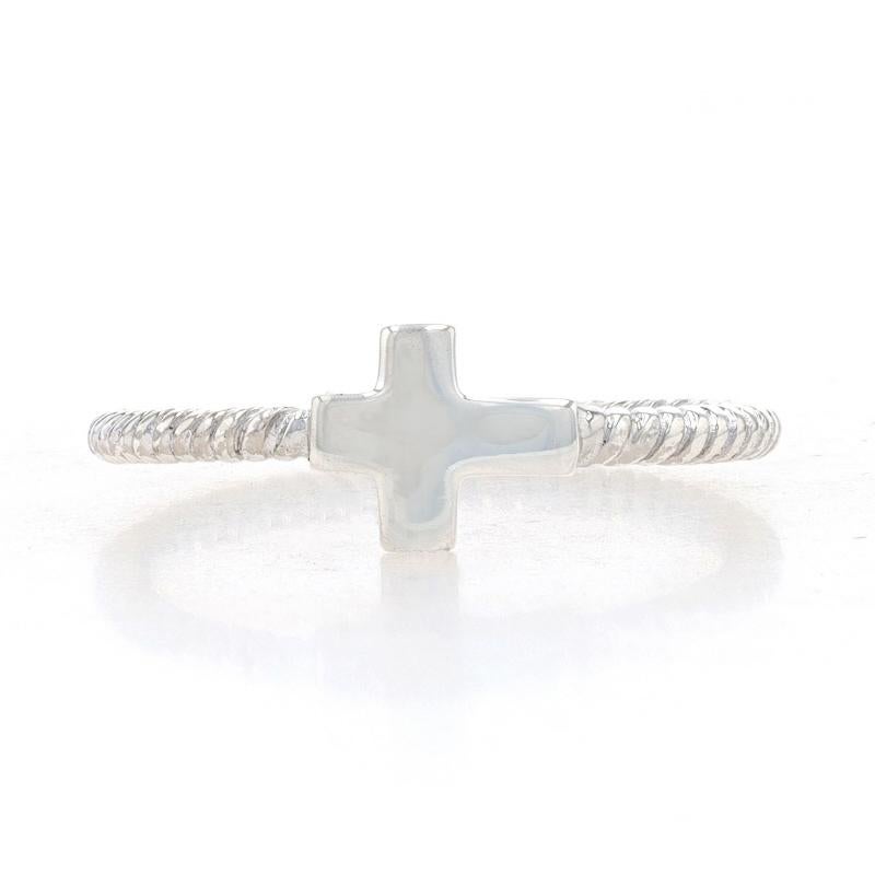 Size: 6 1/4

Metal Content: Sterling Silver

Style: Sideways Cross Band
Theme: Faith
Features: Rope-textured detailing around the band's entire perimeter

Measurements

Face Height (north to south): 9/32