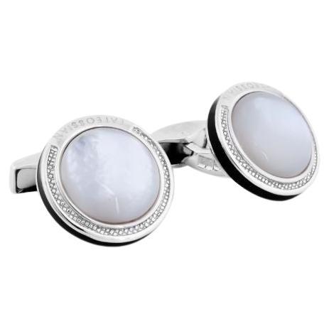 Sterling Silver Signature Round Cufflinks with White Mother of Pearl For Sale