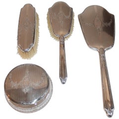 Antique Sterling Silver Signed Alvin Brush and Mirror Vanity Set, 4 Pieces