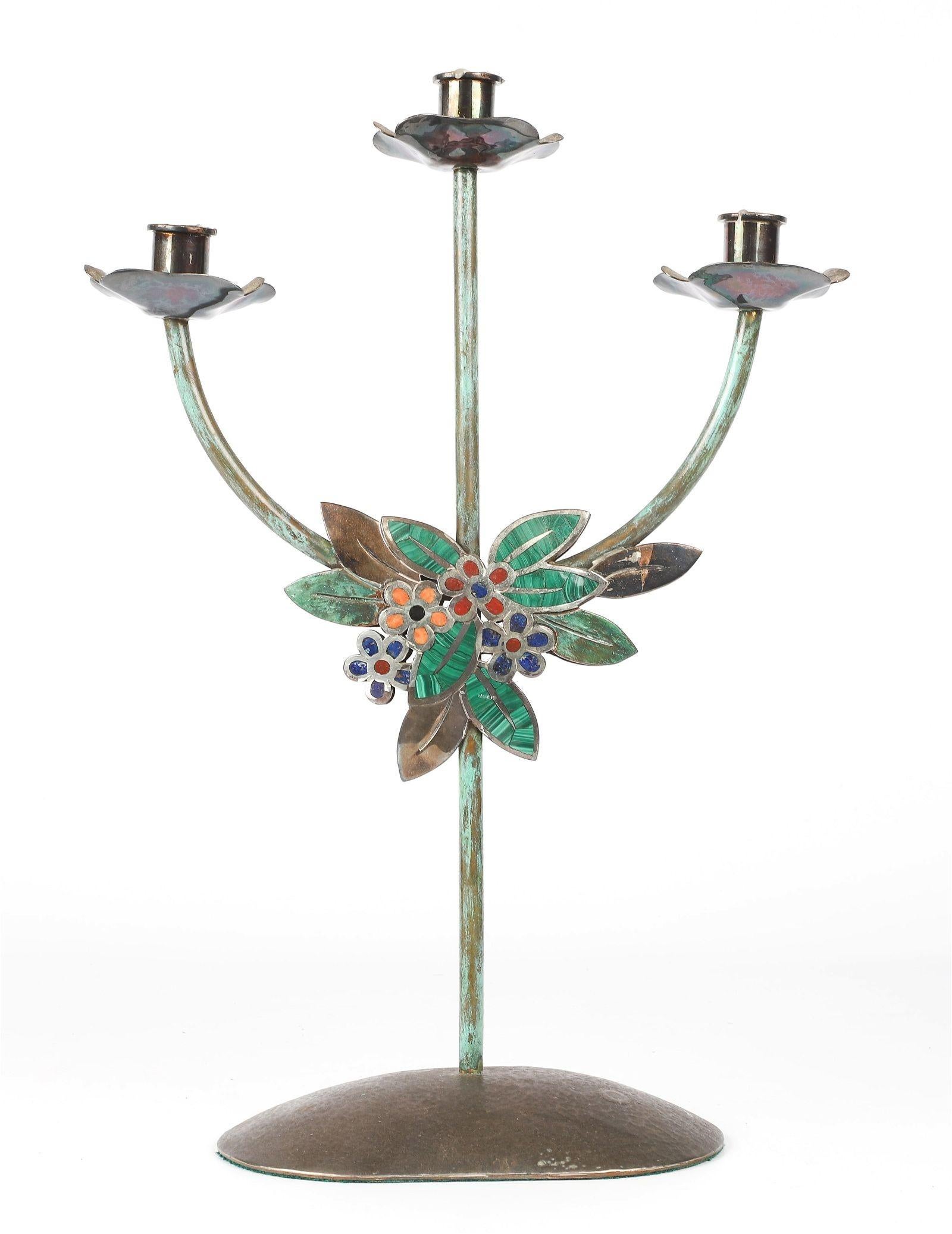 Mexican Sterling Silver, Silver Plate, Copper & Stone Candelabra by Emilia Castillo, Mex For Sale