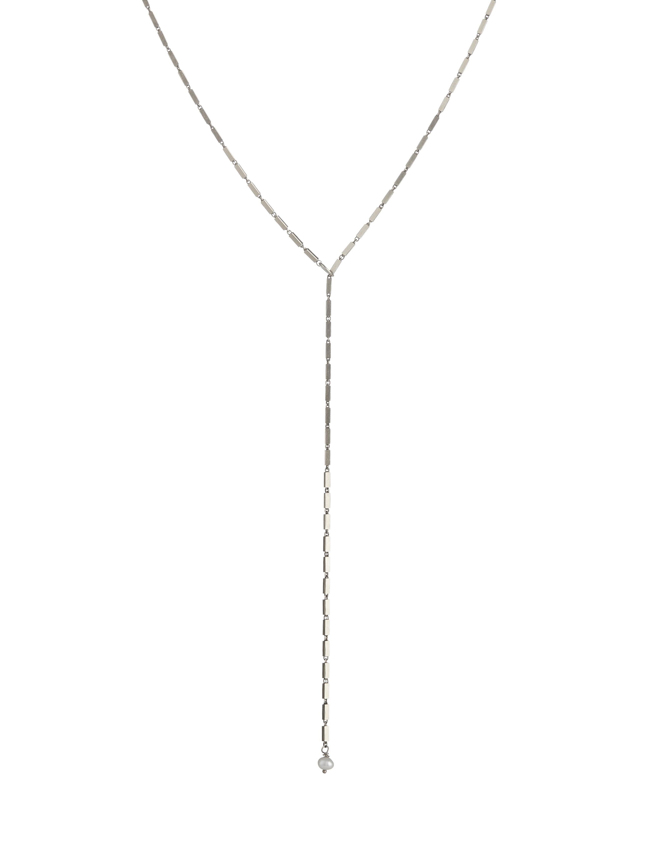 70cm timeless sterling silver chain that consists of rectangular motifs linked to each with a pearl ending . This piece is adjustable and can be worn as a lariat and as a necklace. Suits all types of styles and occasions.  Every piece is handmade by