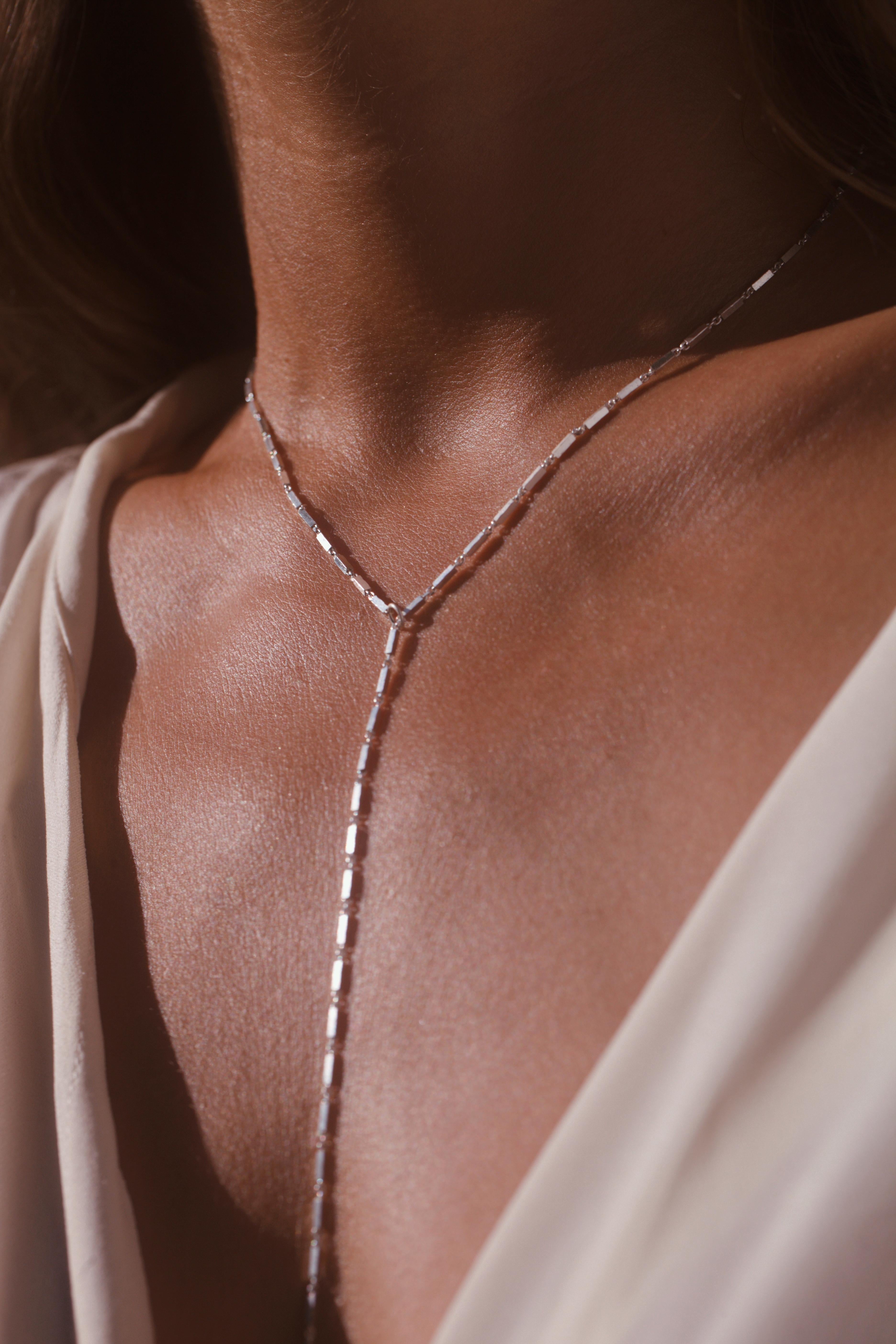 Contemporary Sterling Silver Simple Greek Chain Lariat Pearl Necklace