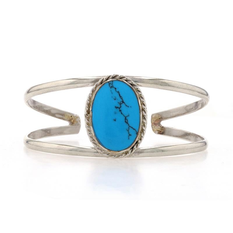 Metal Content: Sterling Silver

Stone Information
Simulated Turquoise
Color: Blue

Style: Tapered Cuff
Fastening Type: N/A (slides over wrist)
Features: Rope-textured detailing

Measurements
Inner circumference (including the opening): 6