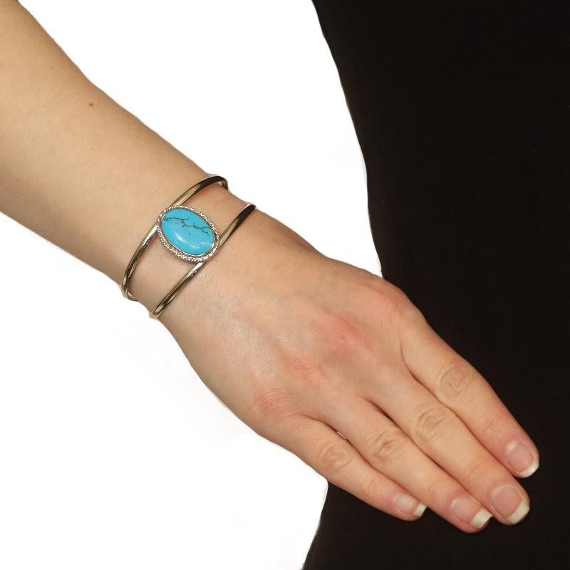 Oval Cut Sterling Silver Simulated Turquoise Tapered Cuff Bracelet 6