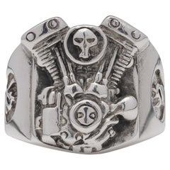 Bague en argent sterling avec tête de mort et moteur de motard