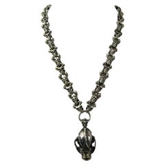 Vintage Sterling Silver Skull Necklace & Bracelet set Articulated  
