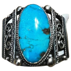 Used Sterling Silver & Sleeping Beauty Turquoise Cuff Bracelet by Frank Begay