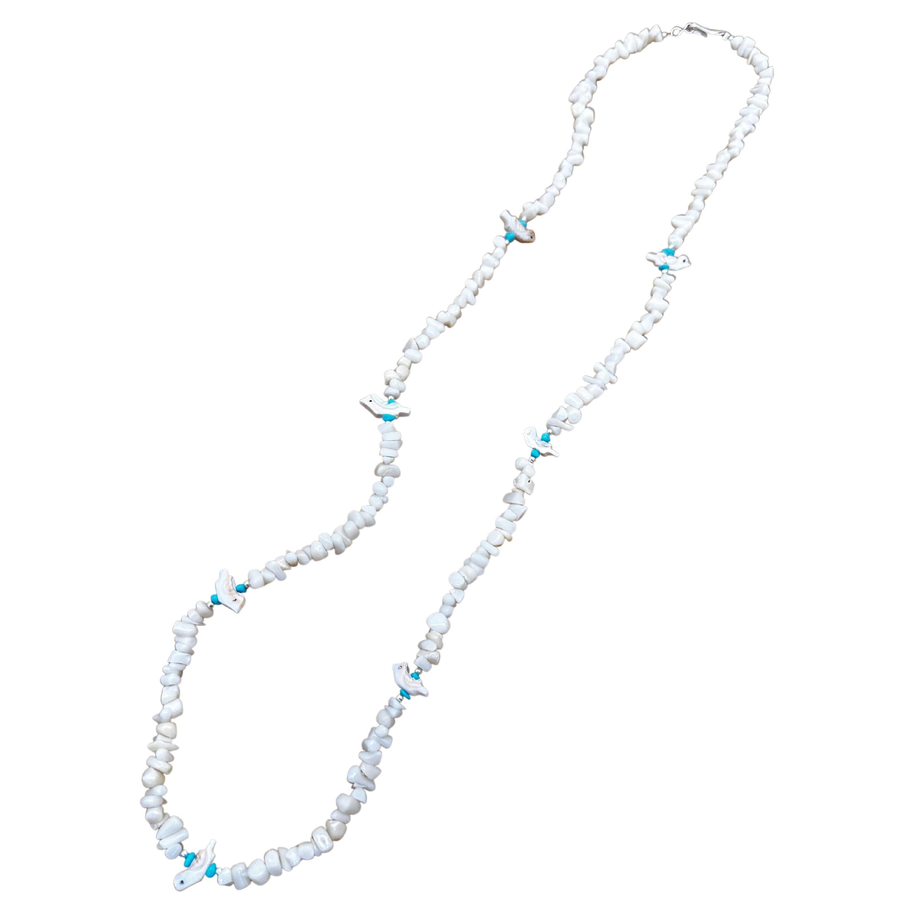 Argenterie sterling  Collier Fetish 30" Sleeping Beauty turquoise blanc corail MOP