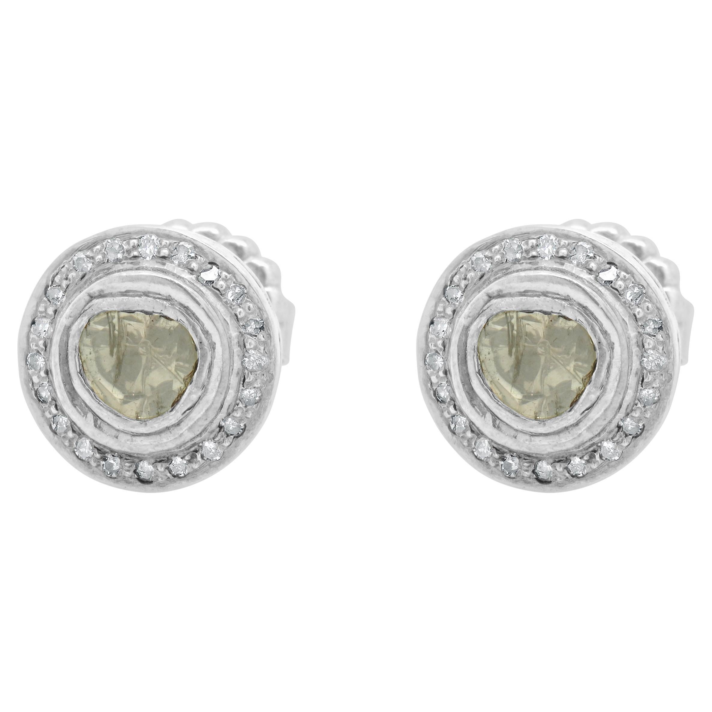 Sterling Silver Sliced Diamond Halo Stud Earrings For Sale