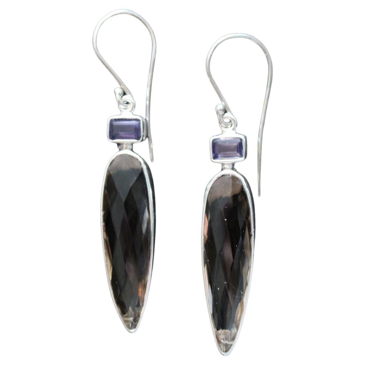 Sterling Silver Smoky Quartz and Iolite Earrings  For Sale