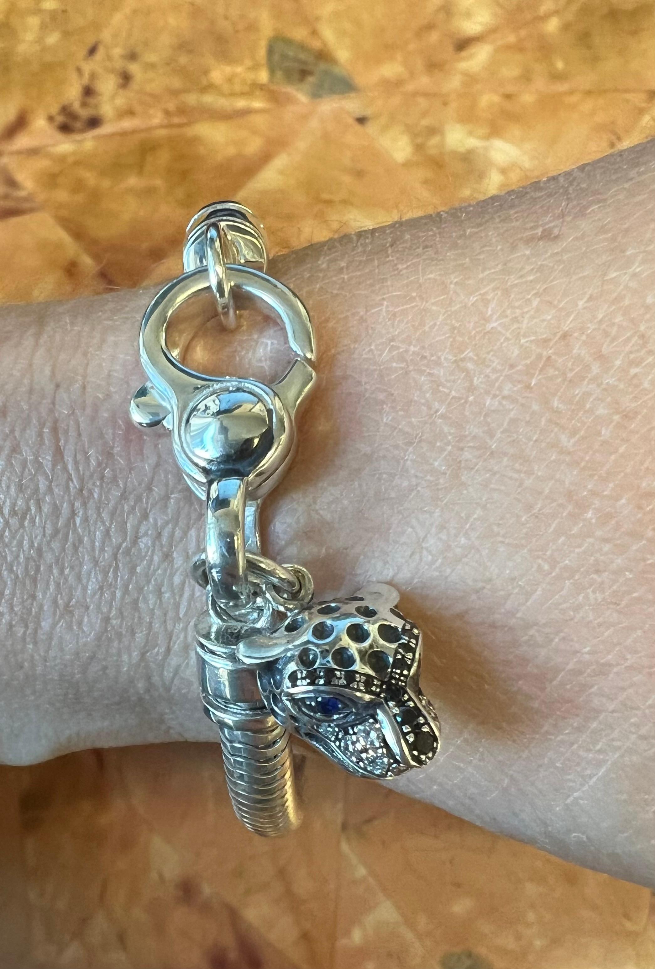 Sterling Silver Snake Bracelet Cheetah Charm Black and White Diamonds Sapphires In New Condition For Sale In New York, NY