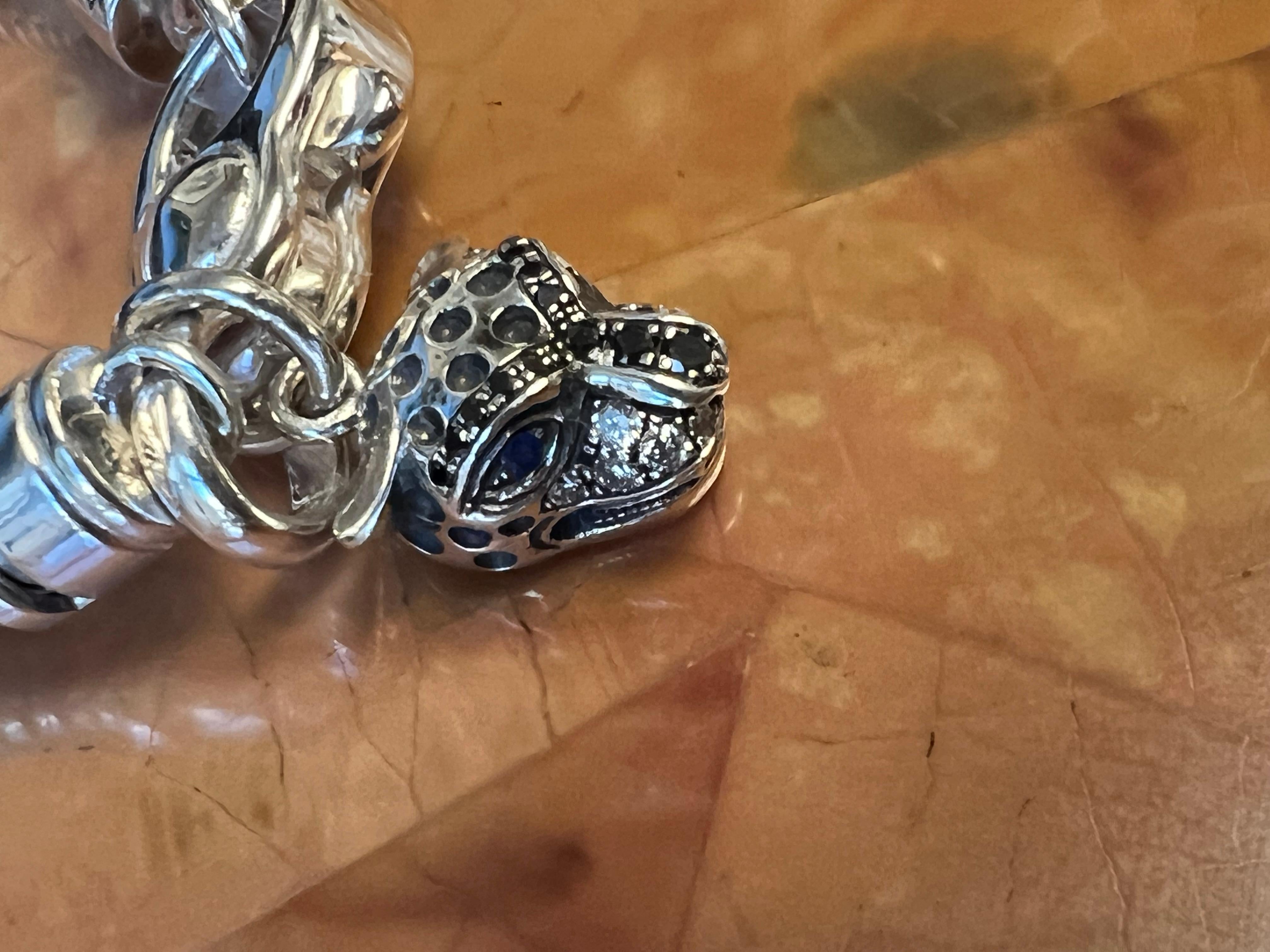 Sterling Silver Snake Bracelet Cheetah Charm Black and White Diamonds Sapphires For Sale 1