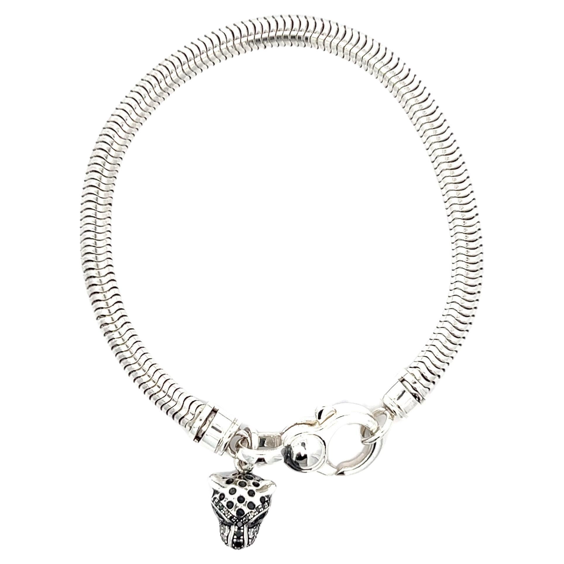 Sterling Silver Snake Bracelet Cheetah Charm Black and White Diamonds Sapphires For Sale
