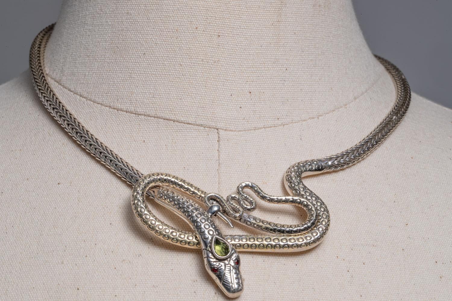 Pear Cut Sterling Silver Snake Necklace with Peridot