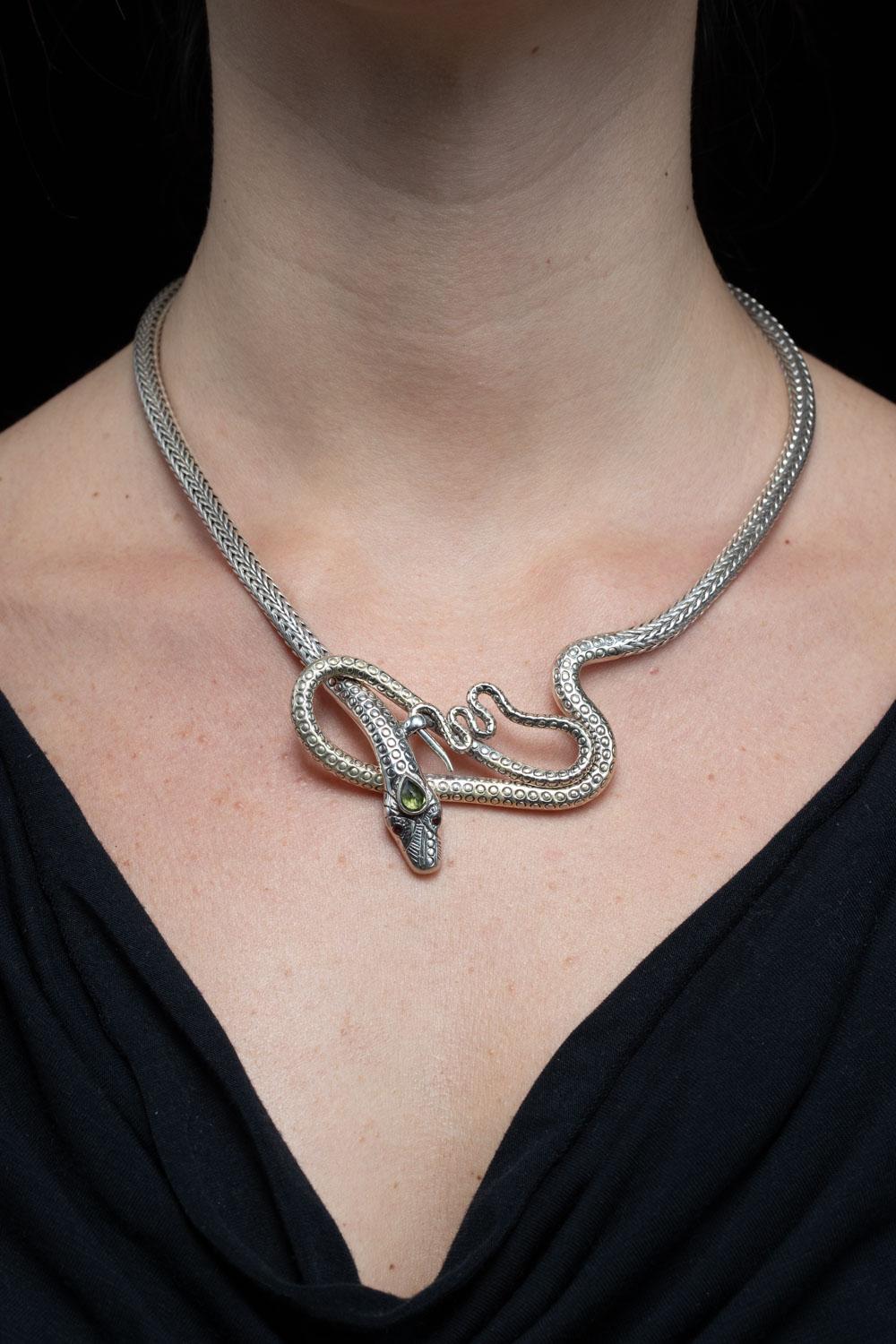 Sterling Silver Snake Necklace with Peridot In Excellent Condition In Nantucket, MA
