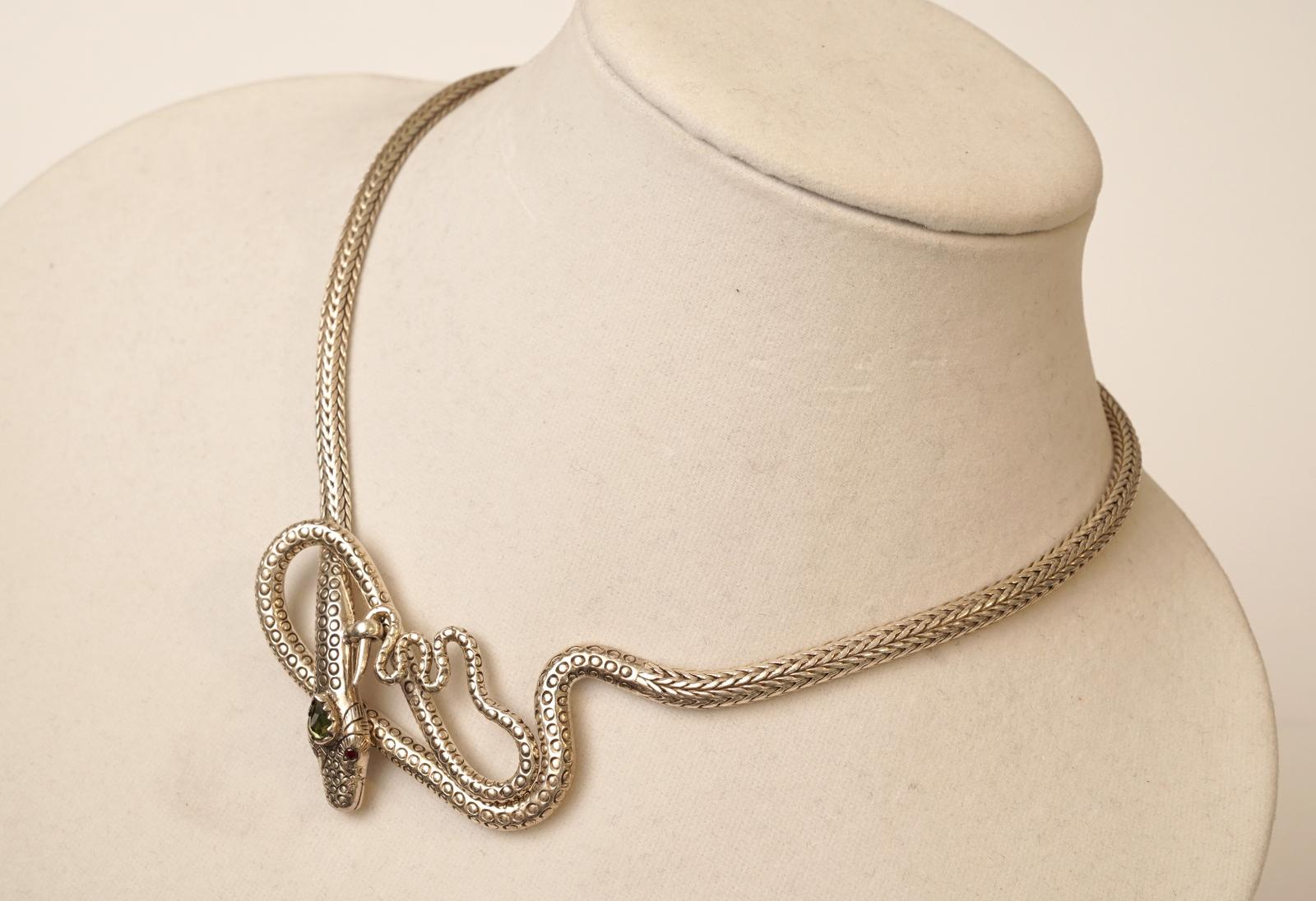 Women's or Men's Sterling Silver Snake Necklace with Peridot