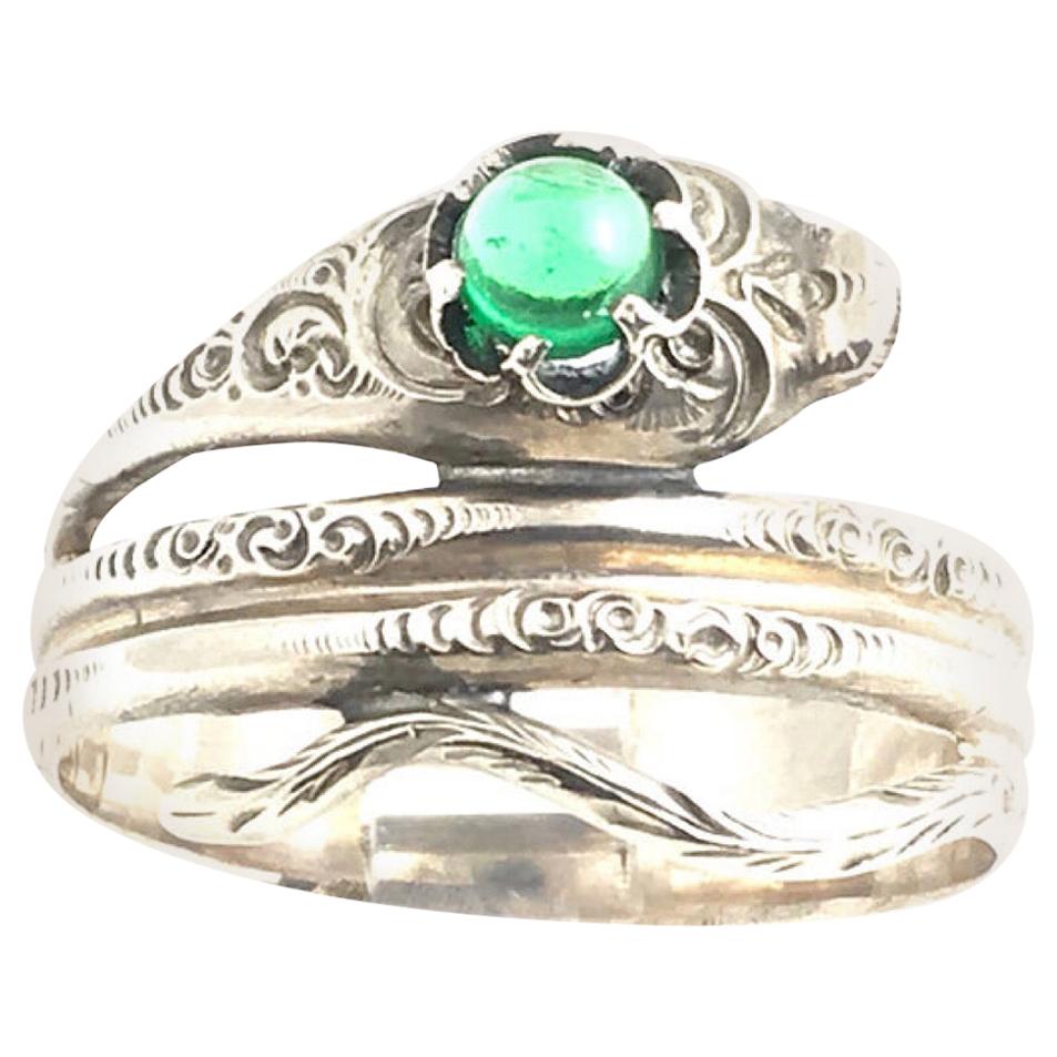 Sterling Silver Snake Ring with Green Glass