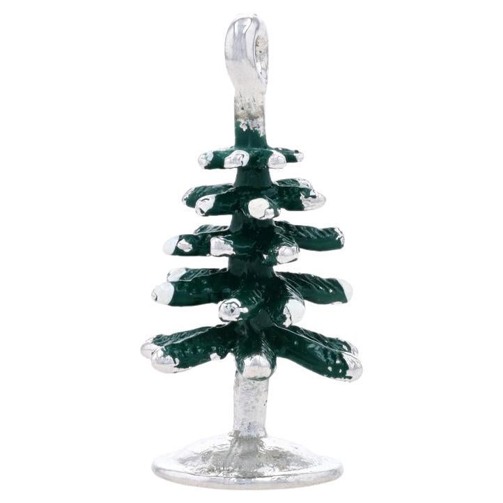Sterling Silver Snow Capped Christmas Tree Charm - 925 Enamel Winter Holiday For Sale