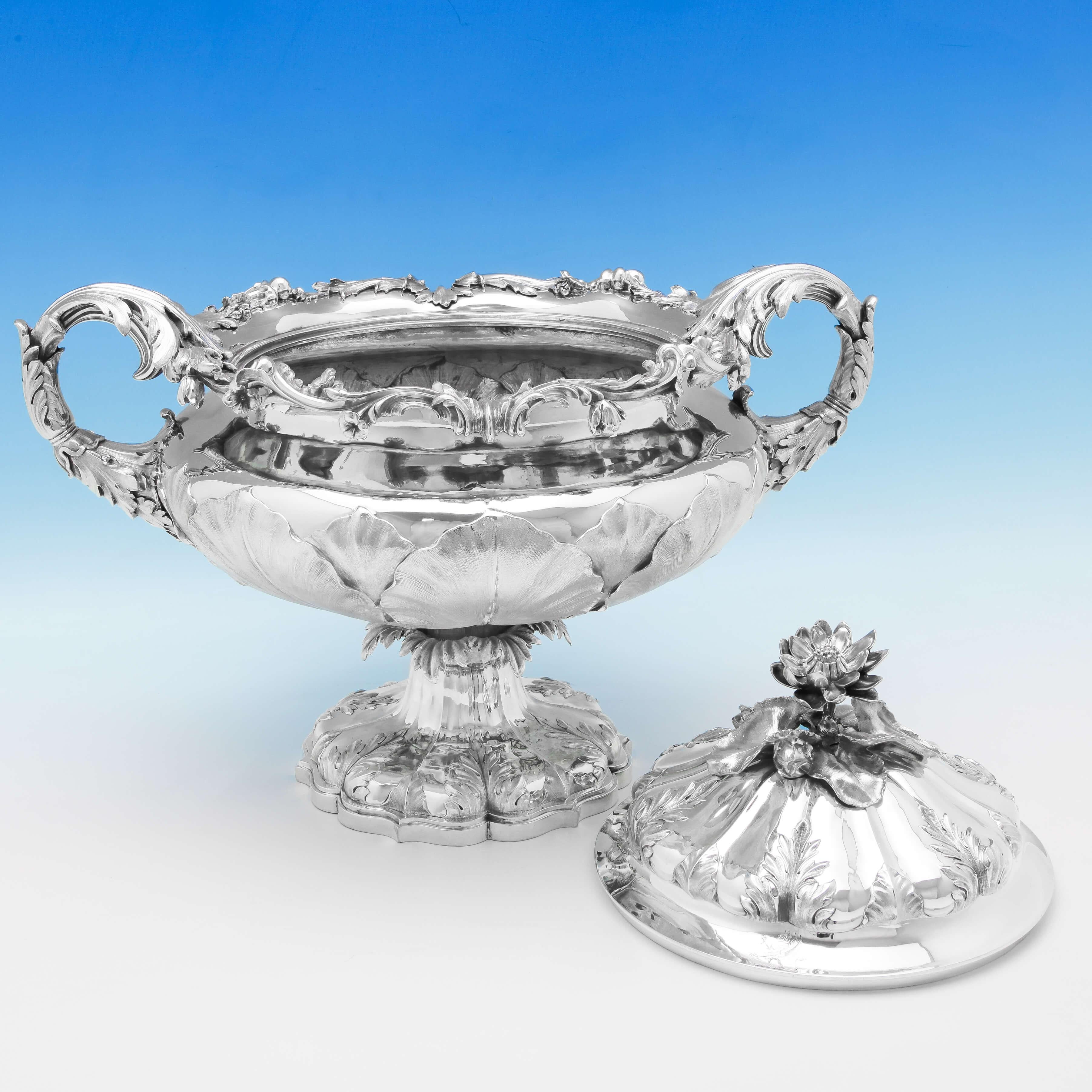 Hallmarked in London in 1839 by Barnards, this exquisite, Antique, Victorian, sterling silver soup tureen or Centrepiece, features wonderful chased decoration of leaves to the body, chased acanthus decoration to the foot and lid, a cast and applied
