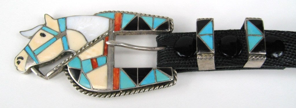 Sterling Silver Southwestern Belt, made by L H Zunie- This is all handmade by the famed silversmith team Specializing in inlay, Lincoln and Helen Zuni stamped their work with H-L ZUNIE. Mother-of-pearl, jet, turquoise, silver, coral, shell- Buckle