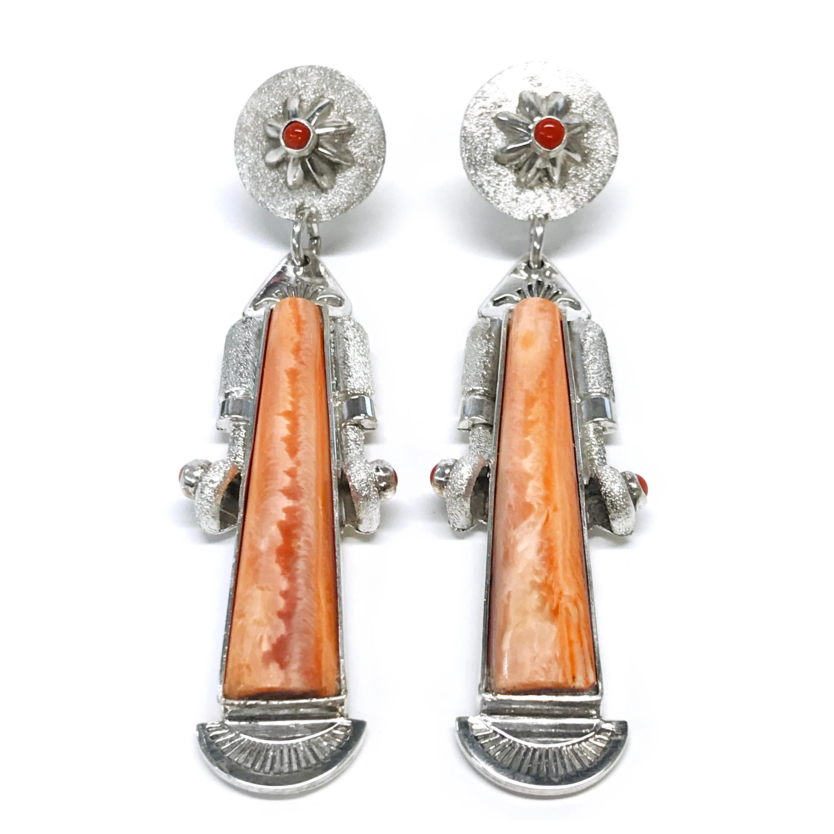 Handcrafted from Sterling Silver with 14 karat accents by jewelry maker, Ray Winner. These unique earrings feature an orange fluted-shape Spiny Oyster cabochon and Mediterranean Coral round cabochons. Three Mediterranean Coral round cabochons are