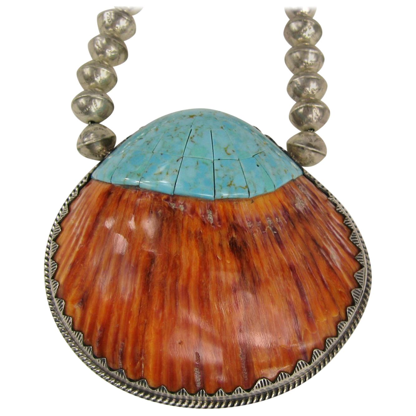  Sterling Silver Spiny Oyster & Turquoise Necklace Hand Crafted Santo Domingo For Sale