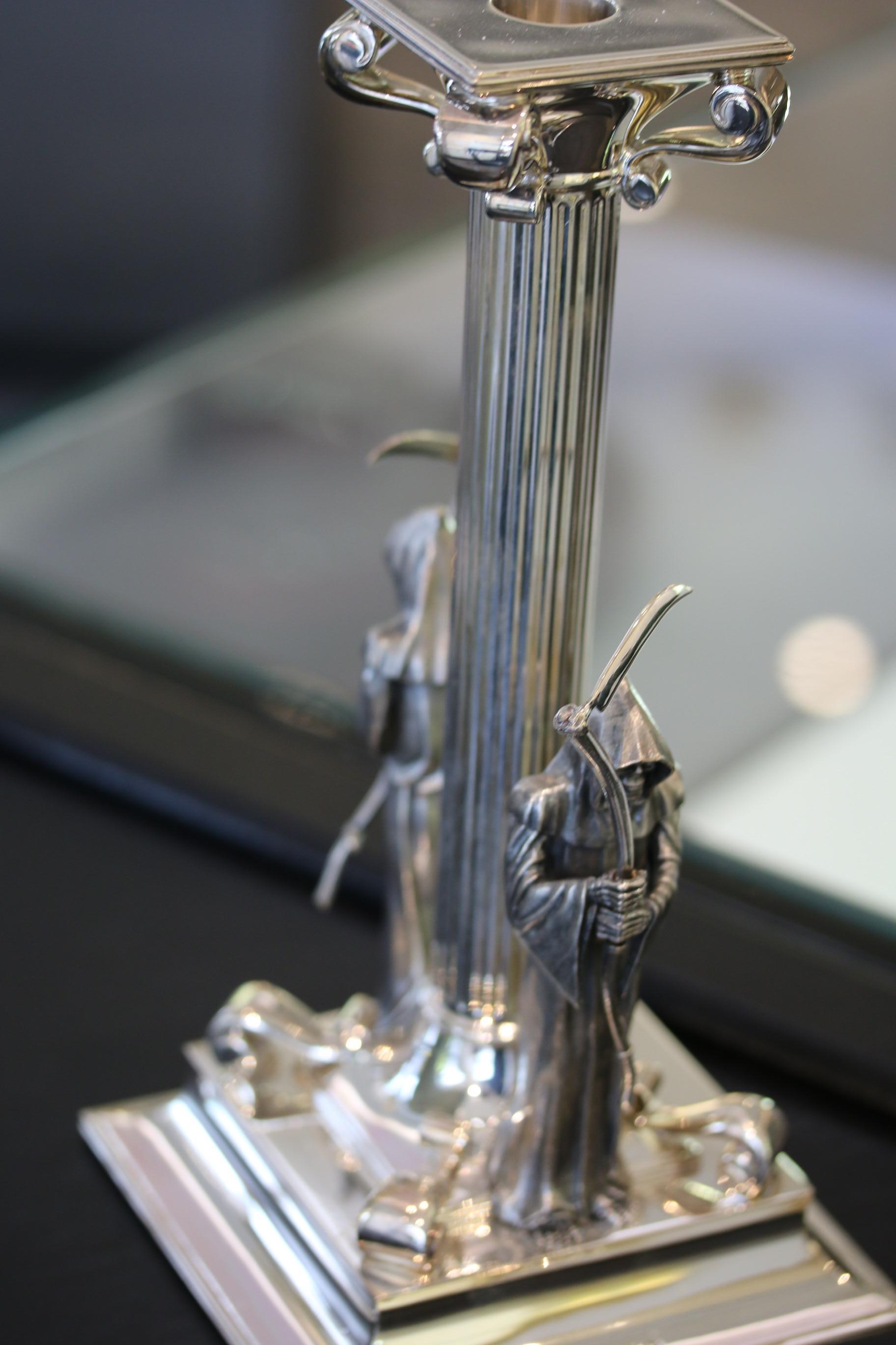 Sterling Silver Square Based Grim Reaper Scroll Candlestick In New Condition For Sale In London, GB