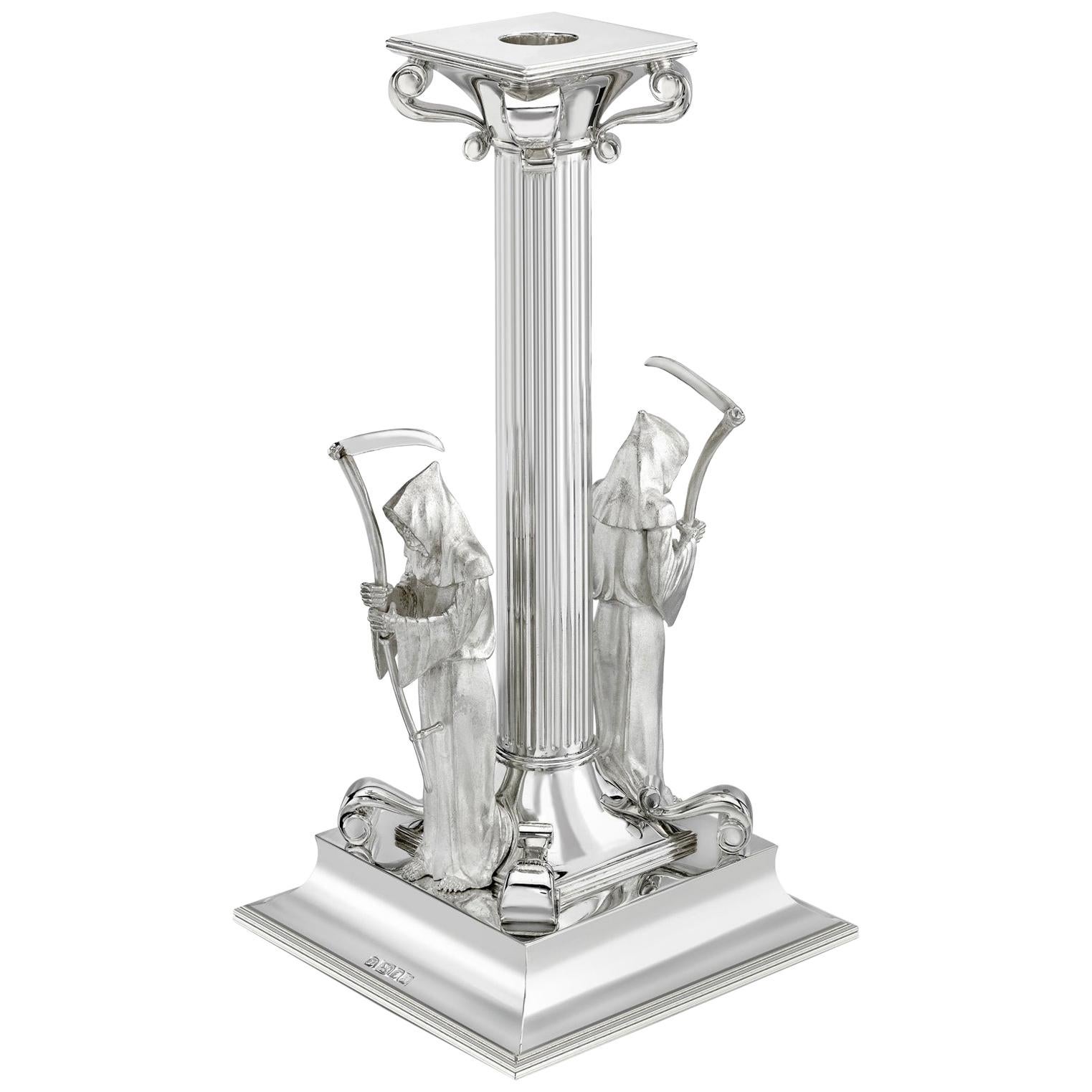Sterling Silver Square Based Grim Reaper Scroll Candlestick For Sale