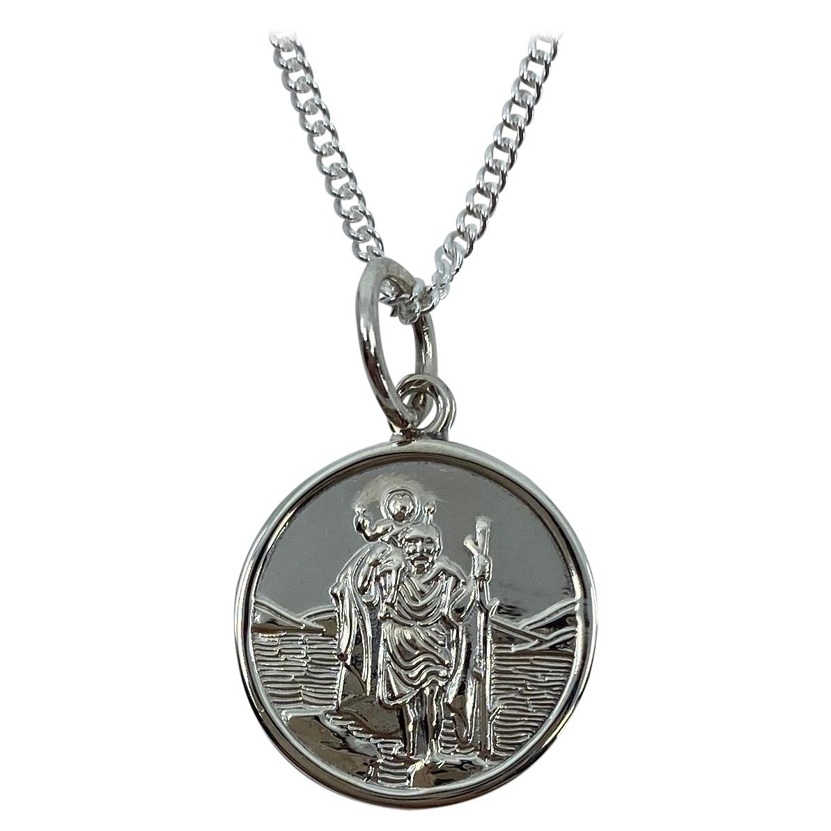 Sterling Silver St. Christopher Medium Round Pendant 16mm Curb Chain Necklace