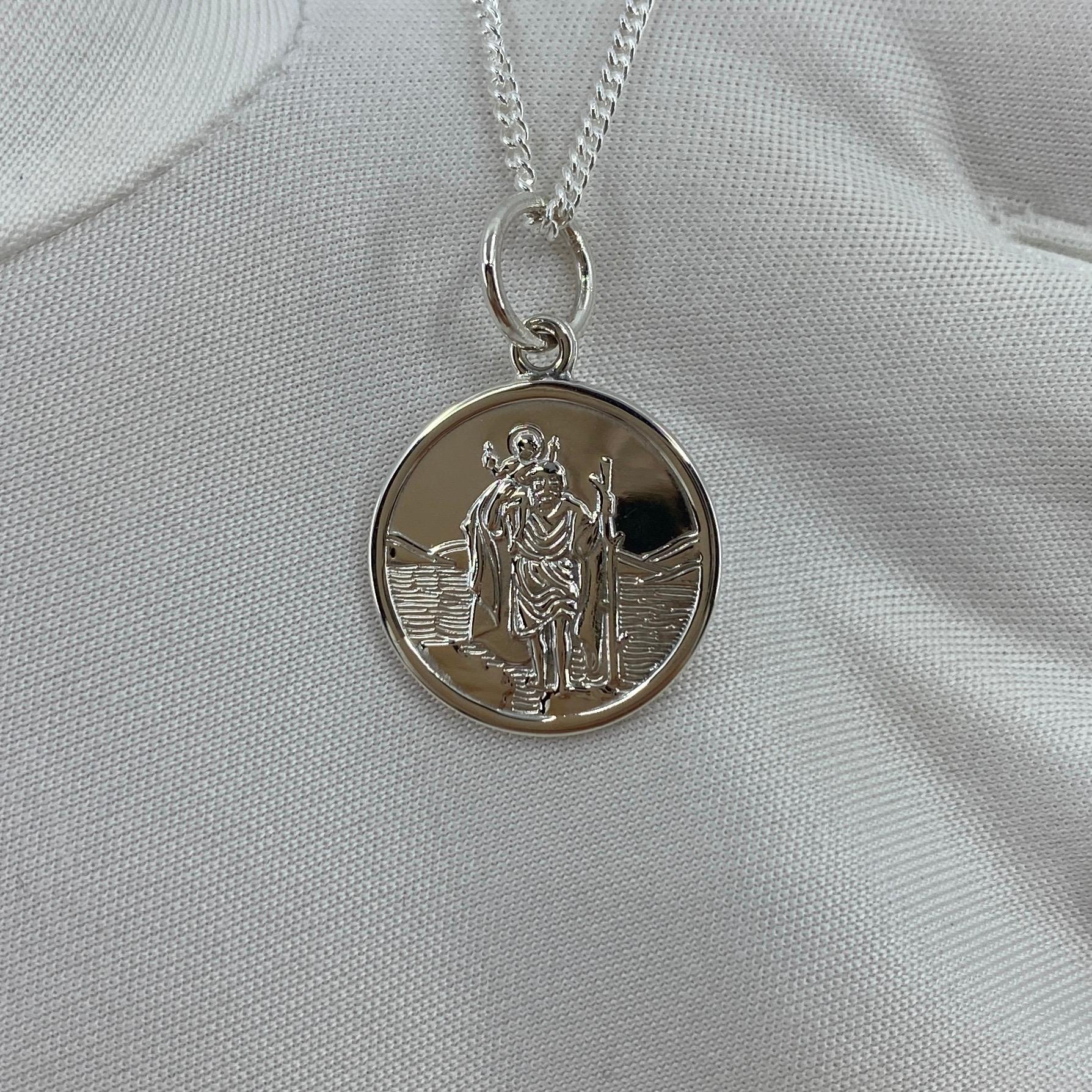 Women's or Men's Sterling Silver St. Christopher Medium Round Pendant Curb Chain Necklace For Sale