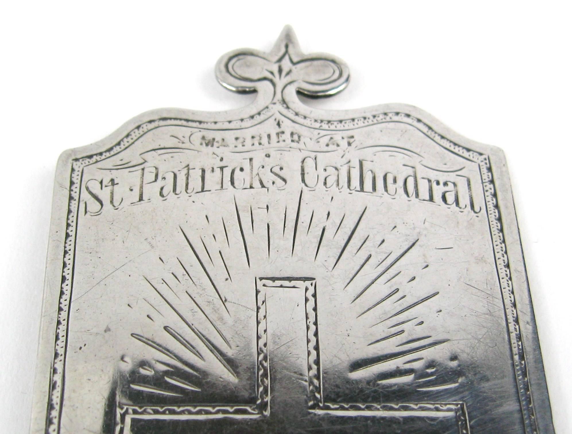 This silver plaque commemorates the marriage of James Smith Jr to Kate R. Nugent that took place at St Patrick's Cathedral on Wednesday May 13 1874 what follows on is marriages of other family members, on back, PAX Christ Cathedral Newark NJ, Nov.
