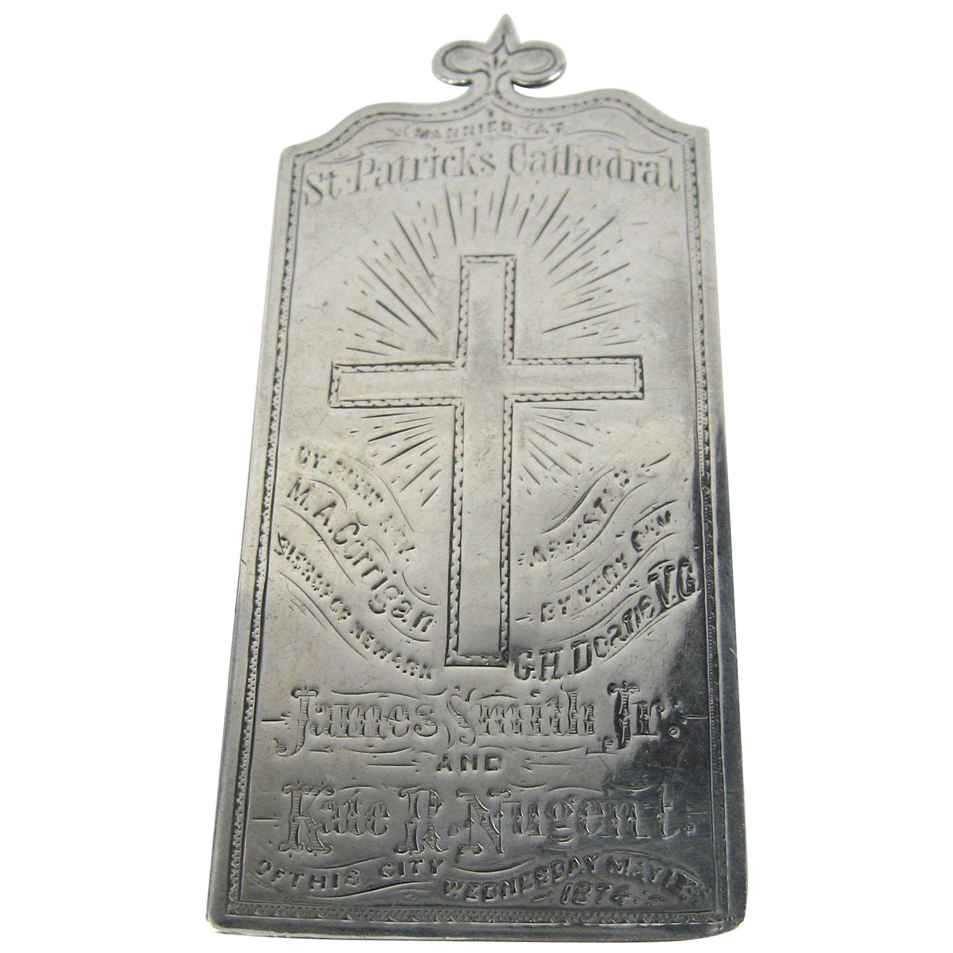 Sterling Silver St Patrick's Cathedral Marriage Plaque 1874 Antique For Sale