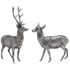 Sterling Silver Model of a Stag and Doe Hallmarked in London in 1971